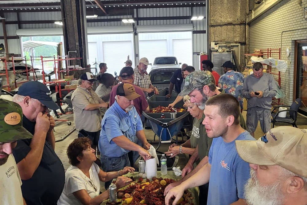 A crawfish boil in the Eastside shop, May 2024